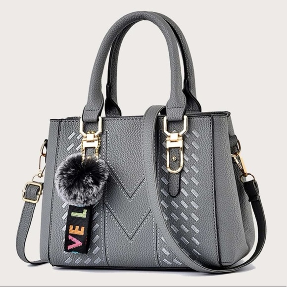 Bespoken For Handbags - 🎉 Grey Vegan Leather Handbag Purse with Love Pom Purse Charm Trending Gift OOTD